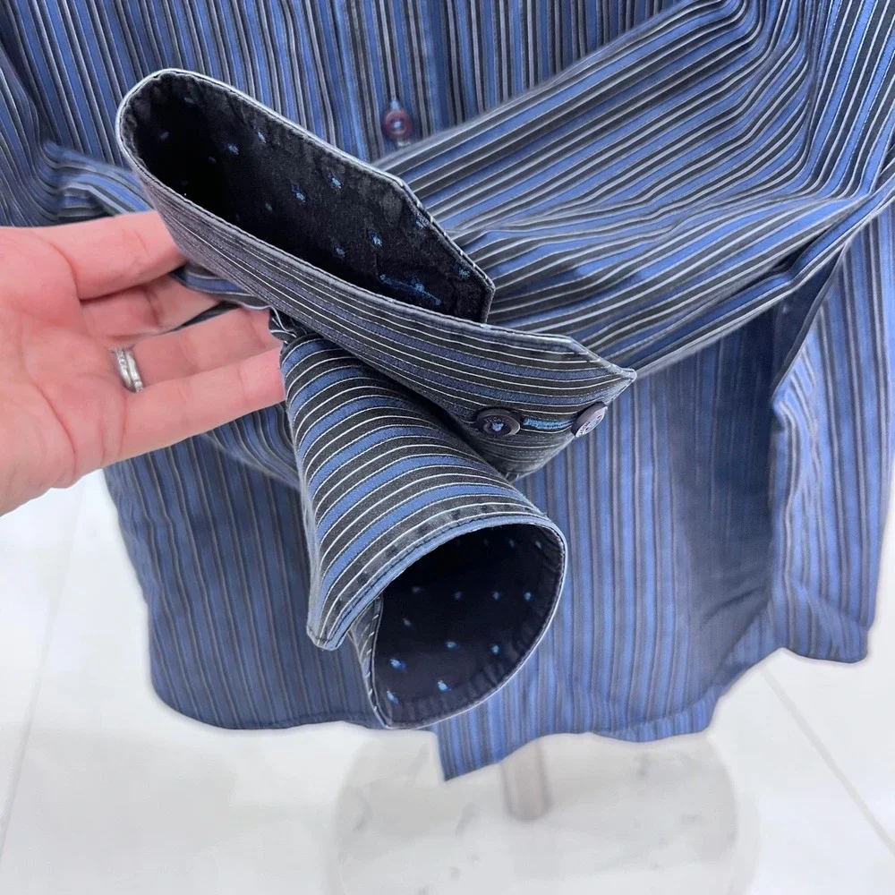 Bugatchi Uomo‎ Men's Long Sleeve Button Down Shirt Size L blue striped EUC